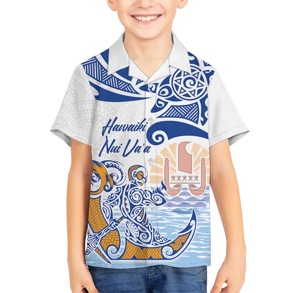 Hawaiki Nui Va'a Solo French Polynesia Family Matching Off Shoulder Maxi Dress and Hawaiian Shirt Blue Color LT03 Son's Shirt Blue - Polynesian Pride