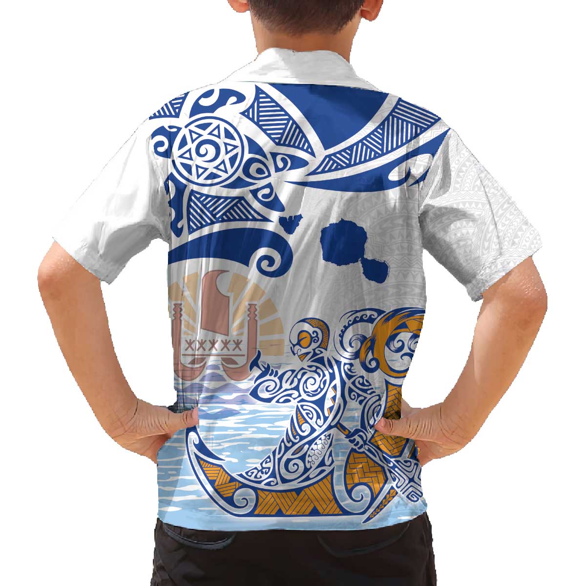 Hawaiki Nui Va'a Solo French Polynesia Family Matching Off Shoulder Short Dress and Hawaiian Shirt Blue Color LT03 - Polynesian Pride
