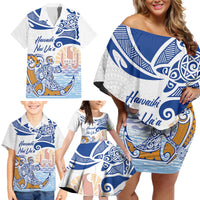 Hawaiki Nui Va'a Solo French Polynesia Family Matching Off Shoulder Short Dress and Hawaiian Shirt Blue Color LT03 - Polynesian Pride
