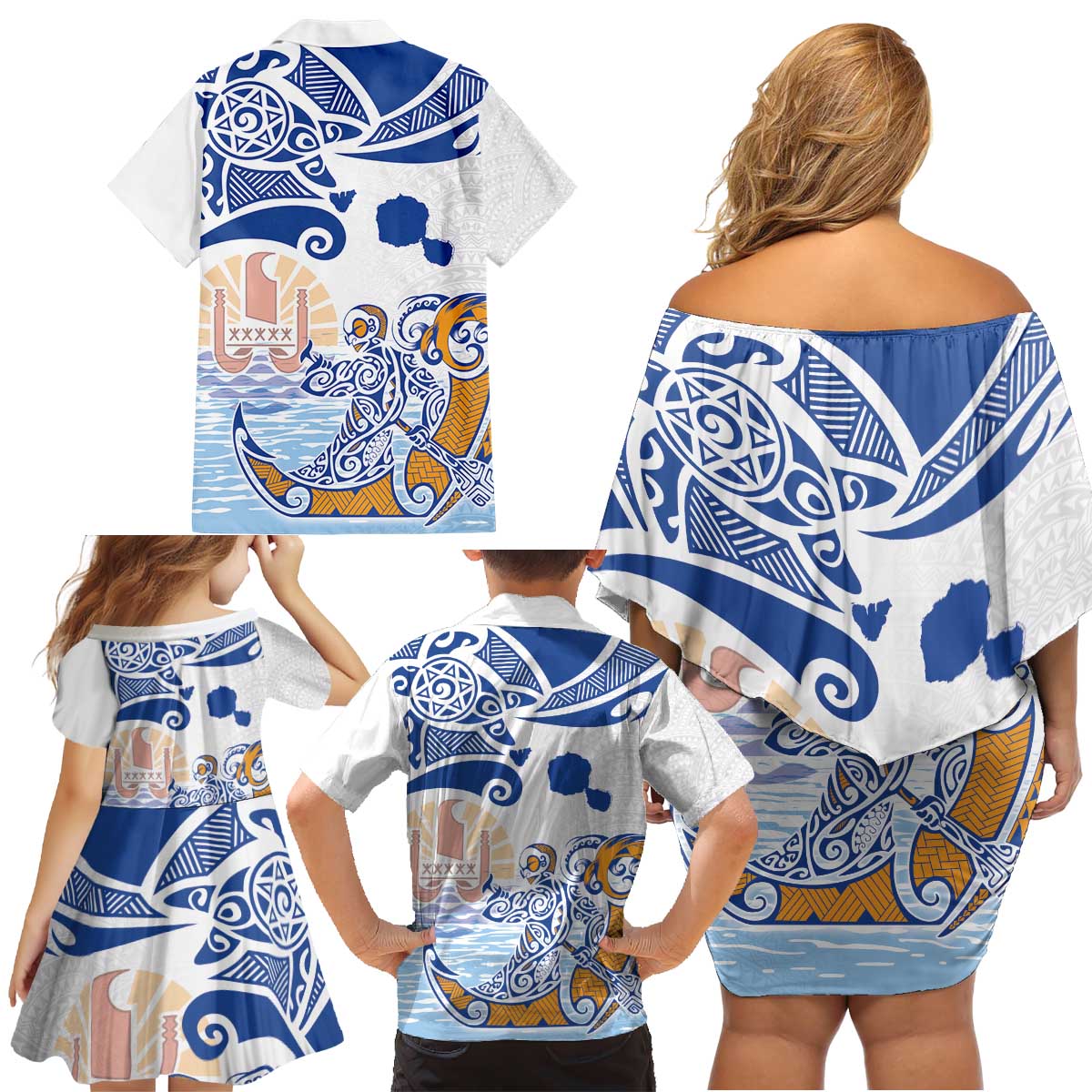 Hawaiki Nui Va'a Solo French Polynesia Family Matching Off Shoulder Short Dress and Hawaiian Shirt Blue Color LT03 - Polynesian Pride