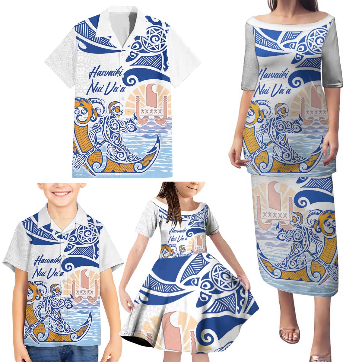Hawaiki Nui Va'a Solo French Polynesia Family Matching Puletasi and Hawaiian Shirt Blue Color LT03 - Polynesian Pride