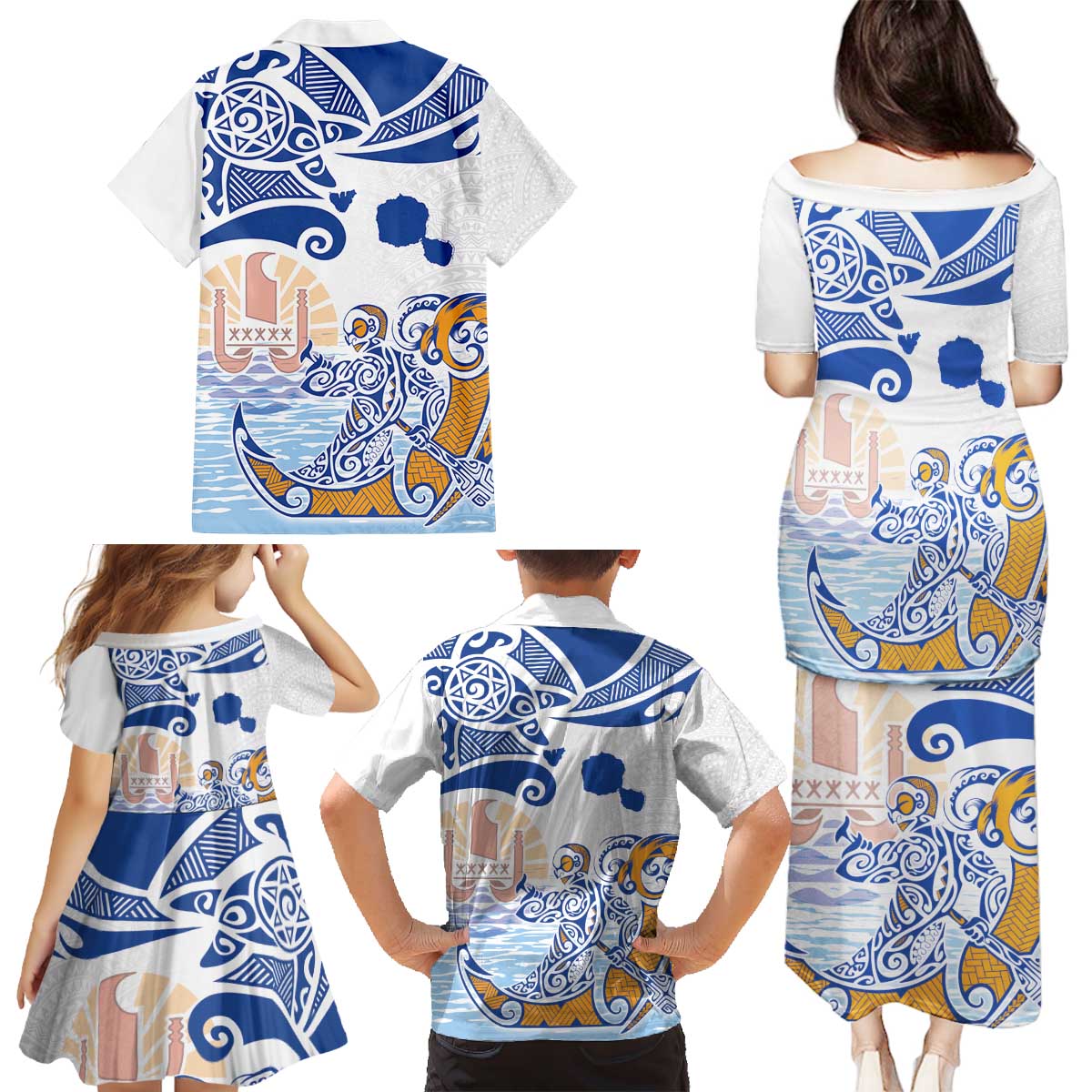 Hawaiki Nui Va'a Solo French Polynesia Family Matching Puletasi and Hawaiian Shirt Blue Color LT03 - Polynesian Pride