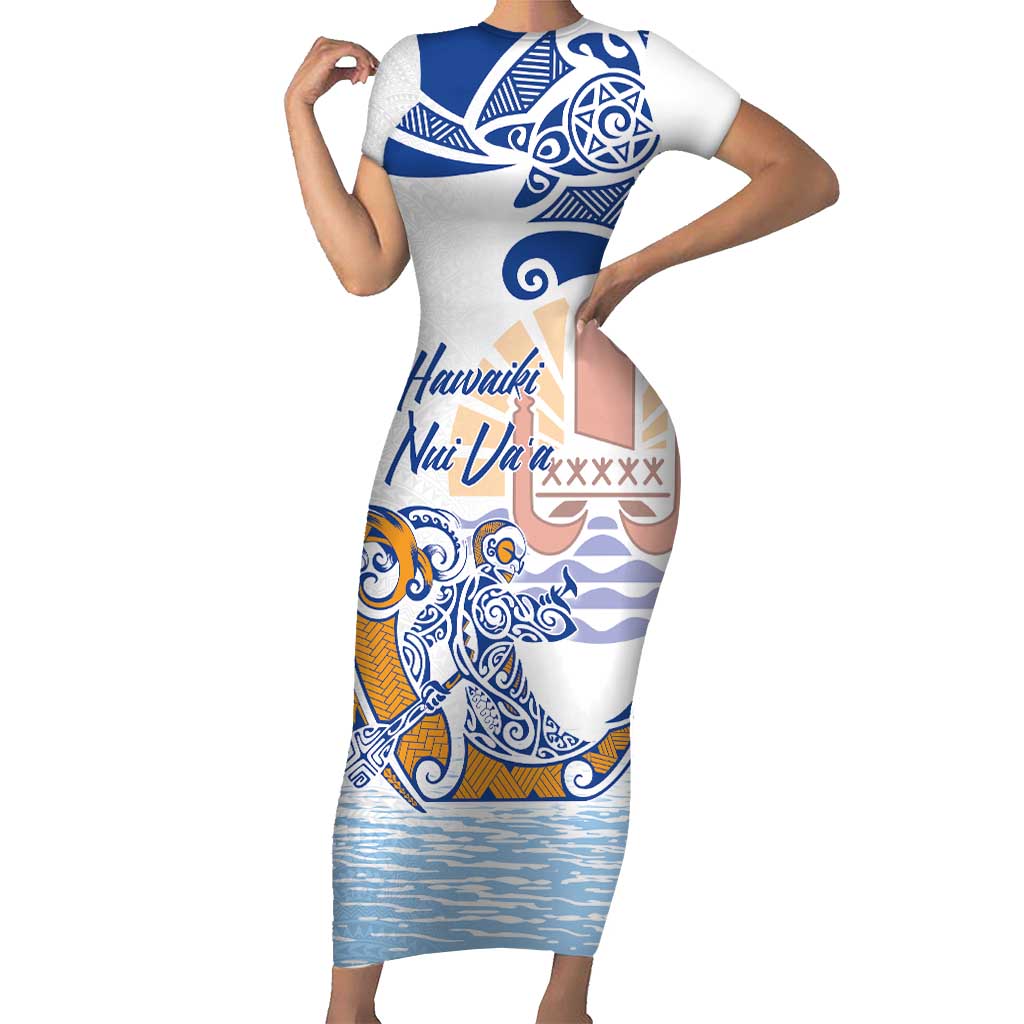 Hawaiki Nui Va'a Solo French Polynesia Family Matching Short Sleeve Bodycon Dress and Hawaiian Shirt Blue Color LT03 Mom's Dress Blue - Polynesian Pride