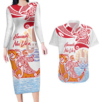 Hawaiki Nui Va'a Solo French Polynesia Couples Matching Long Sleeve Bodycon Dress and Hawaiian Shirt Red Color LT03 Red - Polynesian Pride