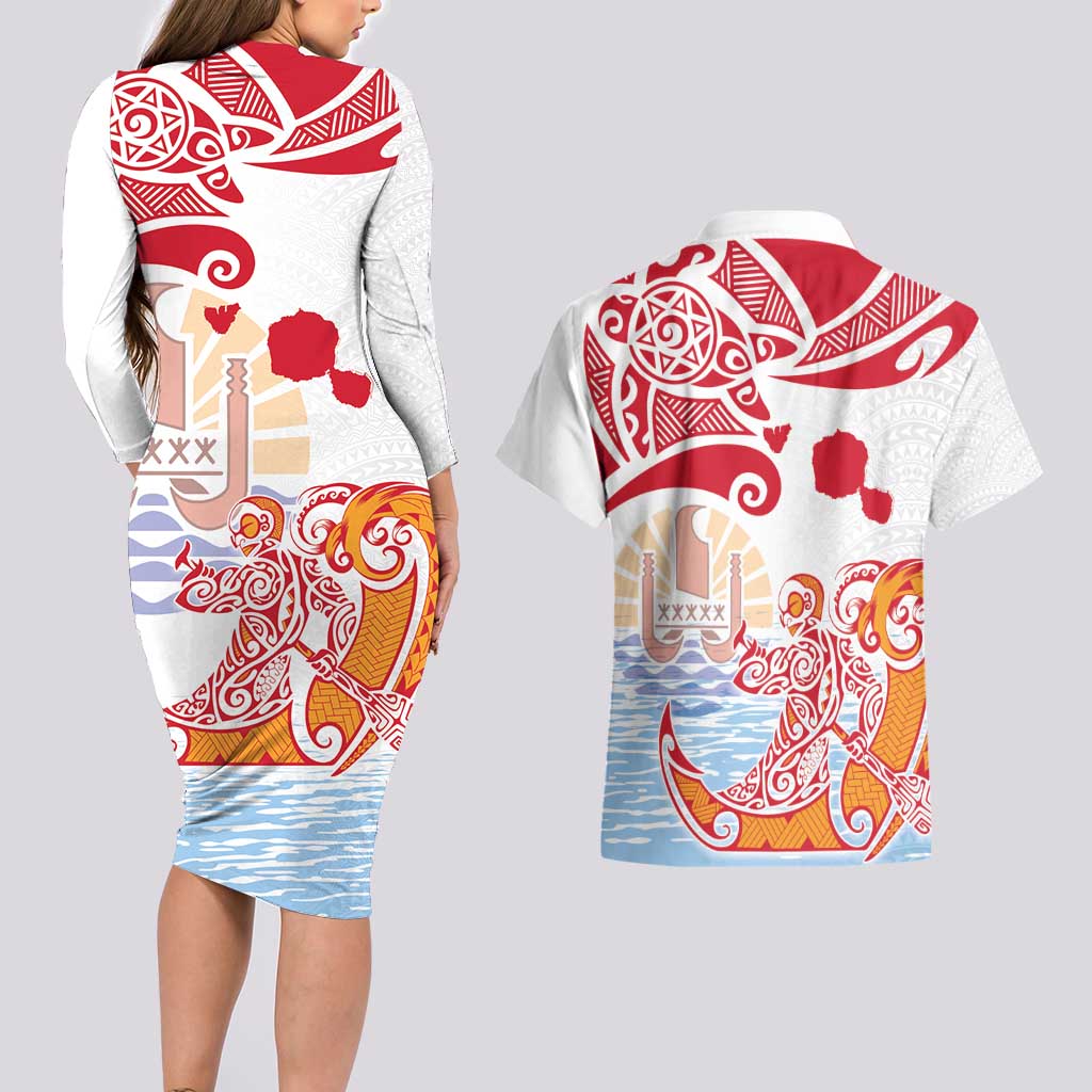 Hawaiki Nui Va'a Solo French Polynesia Couples Matching Long Sleeve Bodycon Dress and Hawaiian Shirt Red Color LT03 - Polynesian Pride