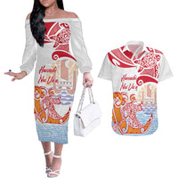 Hawaiki Nui Va'a Solo French Polynesia Couples Matching Off The Shoulder Long Sleeve Dress and Hawaiian Shirt Red Color LT03 Red - Polynesian Pride
