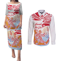 Hawaiki Nui Va'a Solo French Polynesia Couples Matching Puletasi and Long Sleeve Button Shirt Red Color