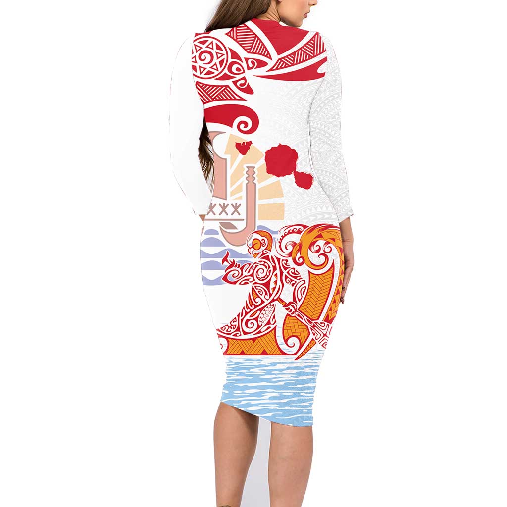 Hawaiki Nui Va'a Solo French Polynesia Family Matching Long Sleeve Bodycon Dress and Hawaiian Shirt Red Color LT03 - Polynesian Pride