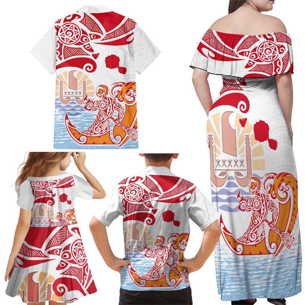 Hawaiki Nui Va'a Solo French Polynesia Family Matching Off Shoulder Maxi Dress and Hawaiian Shirt Red Color LT03 - Polynesian Pride