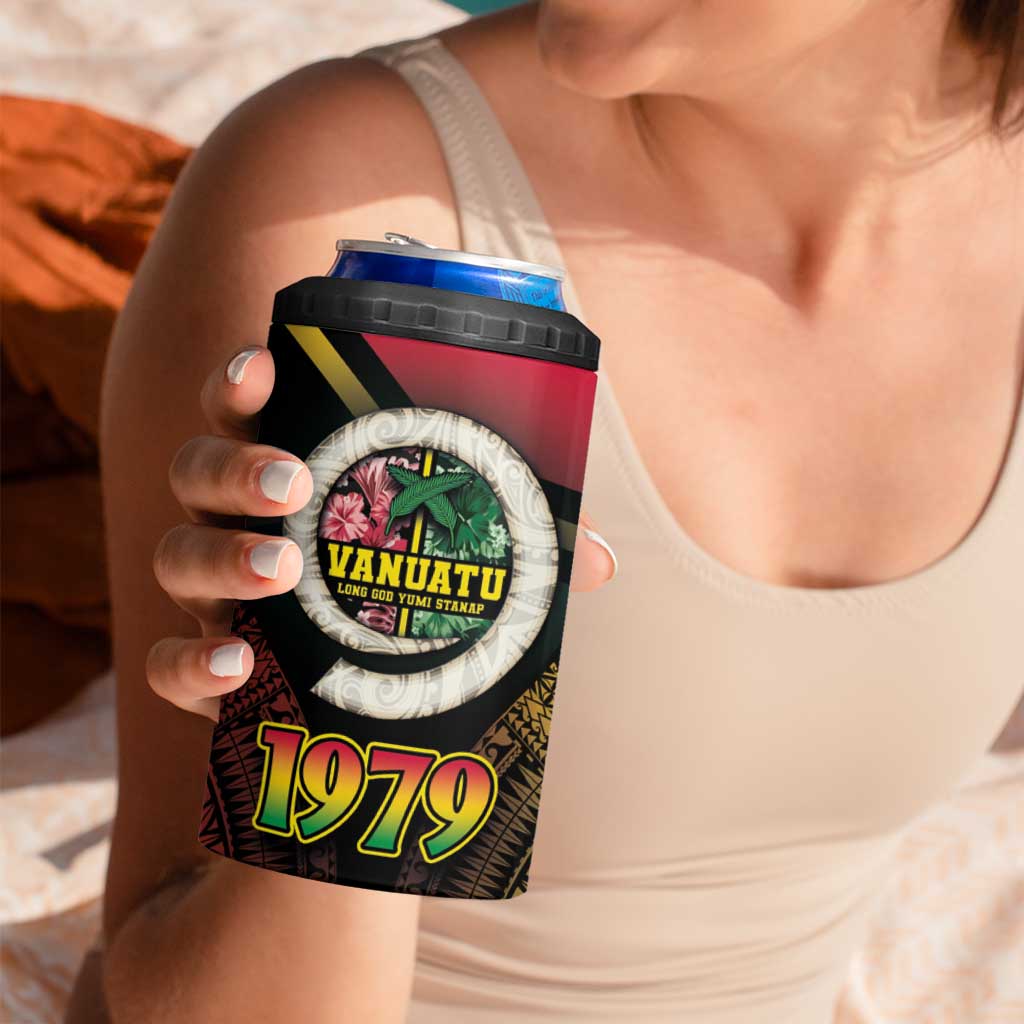 Vanuatu Constitution Day 4 in 1 Can Cooler Tumbler Polynesian Tattoo and Pig Tusk Since 1979