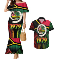 Vanuatu Constitution Day Couples Matching Mermaid Dress and Hawaiian Shirt Polynesian Tattoo and Pig Tusk Since 1979 LT03 Black - Polynesian Pride