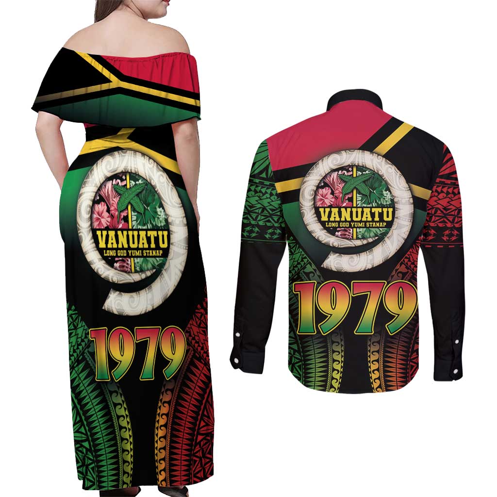 Vanuatu Constitution Day Couples Matching Off Shoulder Maxi Dress and Long Sleeve Button Shirt Polynesian Tattoo and Pig Tusk Since 1979