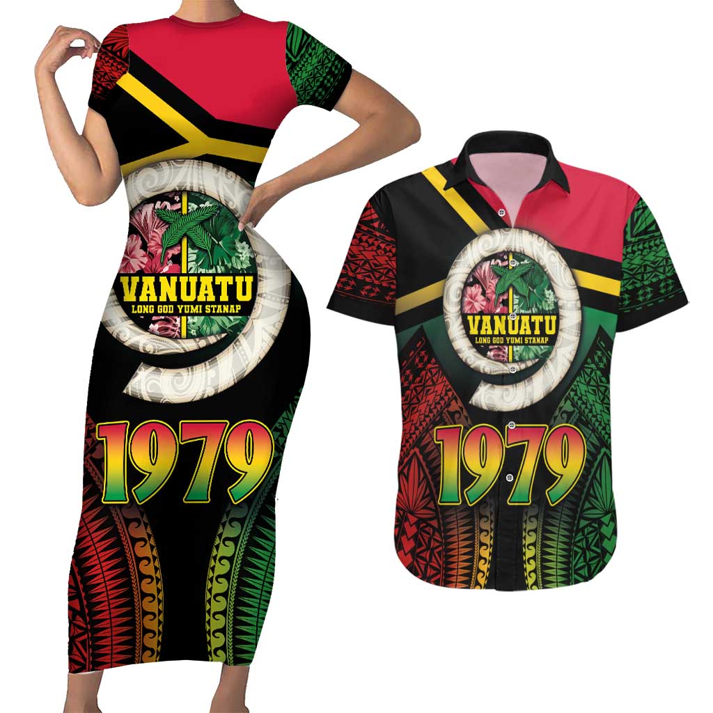 Vanuatu Constitution Day Couples Matching Short Sleeve Bodycon Dress and Hawaiian Shirt Polynesian Tattoo and Pig Tusk Since 1979 LT03 Black - Polynesian Pride