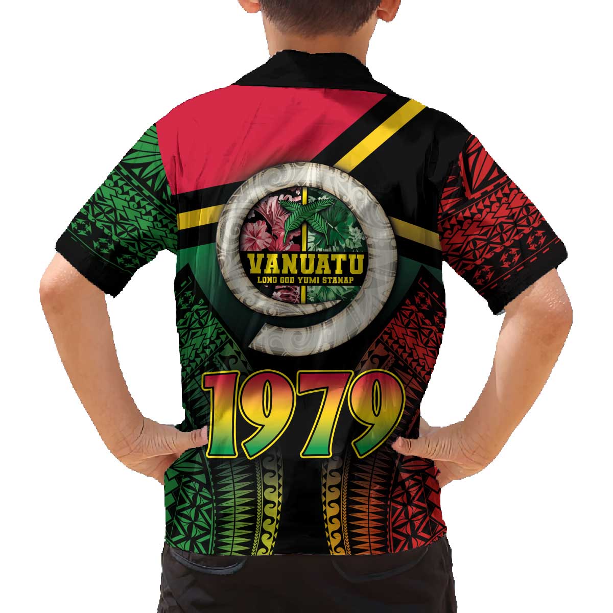 Vanuatu Constitution Day Family Matching Off The Shoulder Long Sleeve Dress and Hawaiian Shirt Polynesian Tattoo and Pig Tusk Since 1979 LT03 - Polynesian Pride