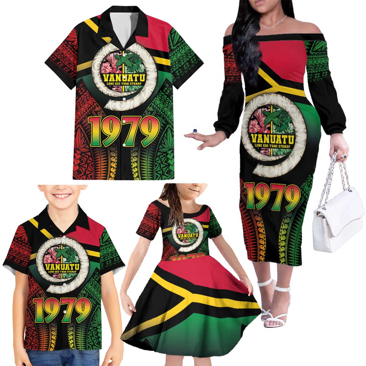 Vanuatu Constitution Day Family Matching Off The Shoulder Long Sleeve Dress and Hawaiian Shirt Polynesian Tattoo and Pig Tusk Since 1979 LT03 - Polynesian Pride