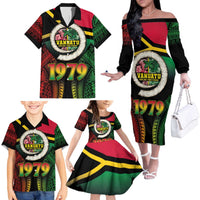 Vanuatu Constitution Day Family Matching Off The Shoulder Long Sleeve Dress and Hawaiian Shirt Polynesian Tattoo and Pig Tusk Since 1979 LT03 - Polynesian Pride