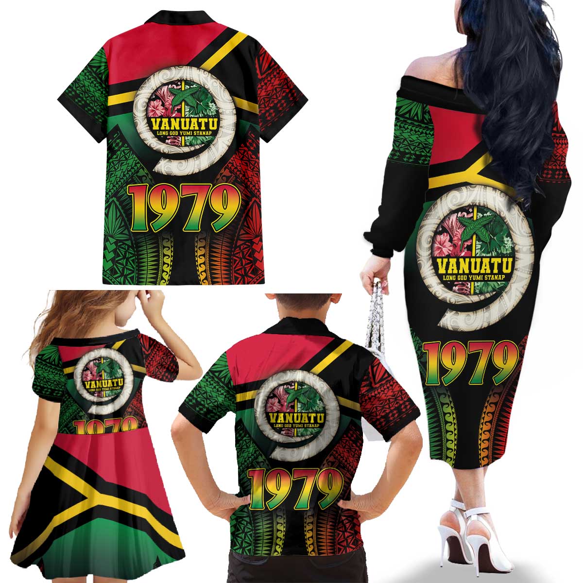 Vanuatu Constitution Day Family Matching Off The Shoulder Long Sleeve Dress and Hawaiian Shirt Polynesian Tattoo and Pig Tusk Since 1979 LT03 - Polynesian Pride