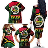 Vanuatu Constitution Day Family Matching Off The Shoulder Long Sleeve Dress and Hawaiian Shirt Polynesian Tattoo and Pig Tusk Since 1979 LT03 - Polynesian Pride