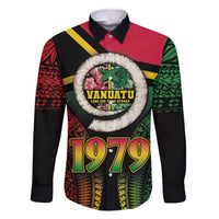 Vanuatu Constitution Day Family Matching Off The Shoulder Long Sleeve Dress and Hawaiian Shirt Polynesian Tattoo and Pig Tusk Since 1979 LT03 Dad's Shirt - Long Sleeve Black - Polynesian Pride