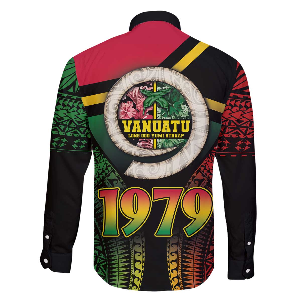 Vanuatu Constitution Day Family Matching Off The Shoulder Long Sleeve Dress and Hawaiian Shirt Polynesian Tattoo and Pig Tusk Since 1979 LT03 - Polynesian Pride