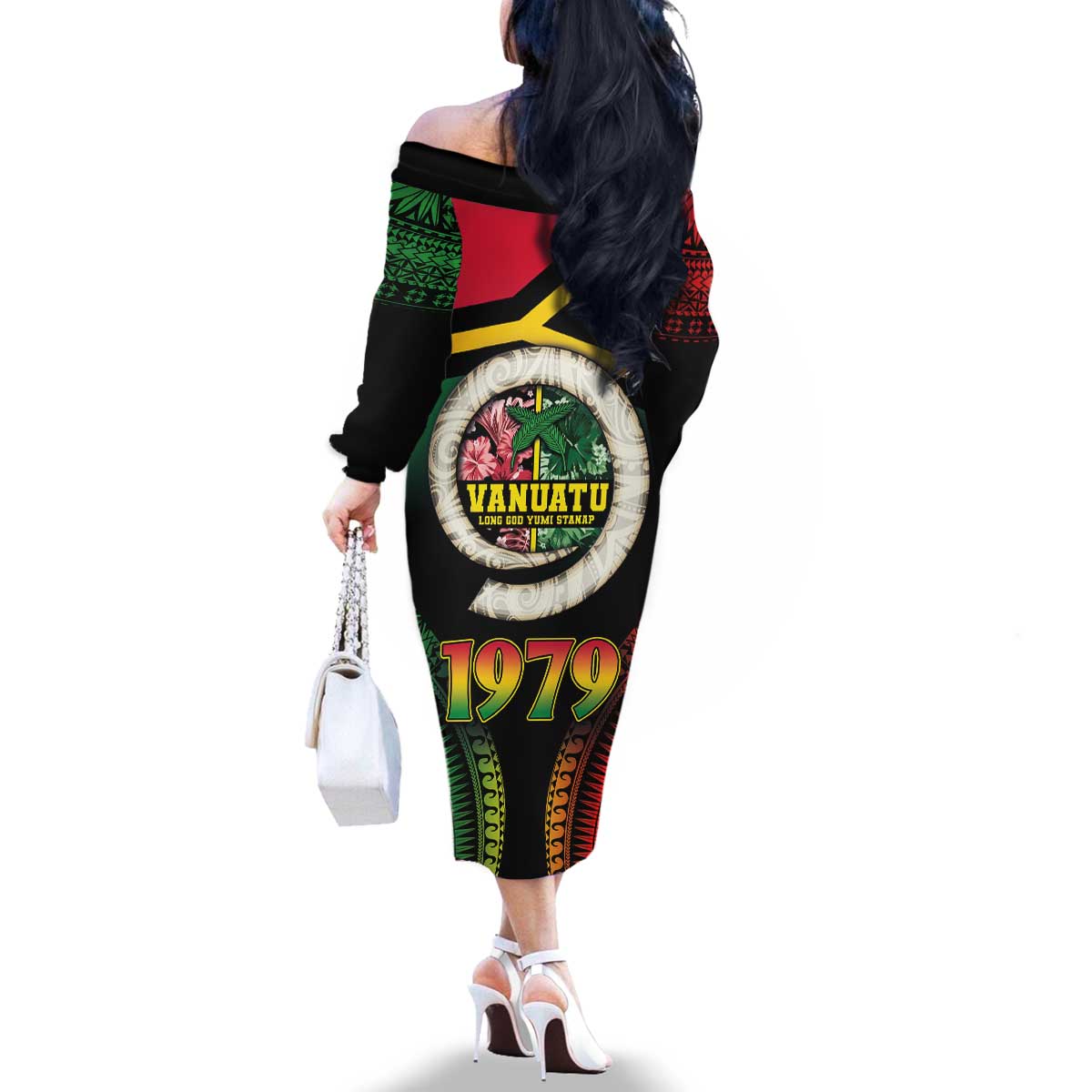 Vanuatu Constitution Day Family Matching Off The Shoulder Long Sleeve Dress and Hawaiian Shirt Polynesian Tattoo and Pig Tusk Since 1979 LT03 - Polynesian Pride