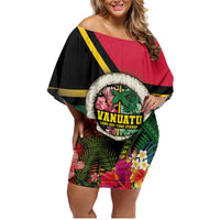 Vanuatu Constitution Day Family Matching Off Shoulder Short Dress and Hawaiian Shirt Polynesian Tattoo and Pig Tusk Since 1979 LT03 Mom's Dress Black - Polynesian Pride