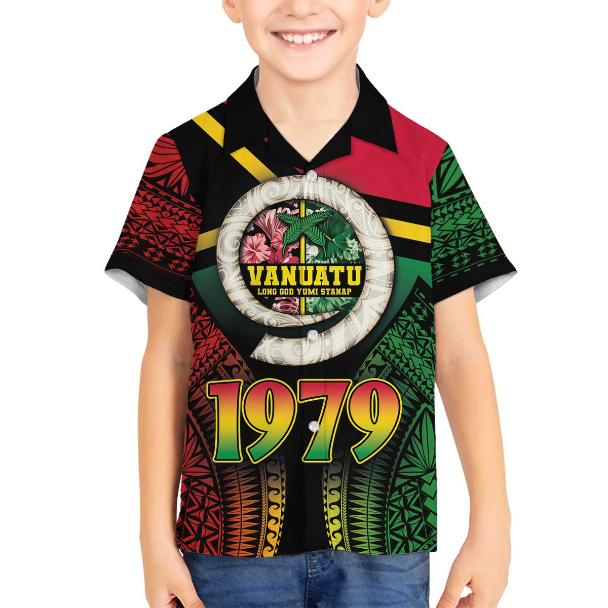 Vanuatu Constitution Day Family Matching Off Shoulder Short Dress and Hawaiian Shirt Polynesian Tattoo and Pig Tusk Since 1979 LT03 Son's Shirt Black - Polynesian Pride