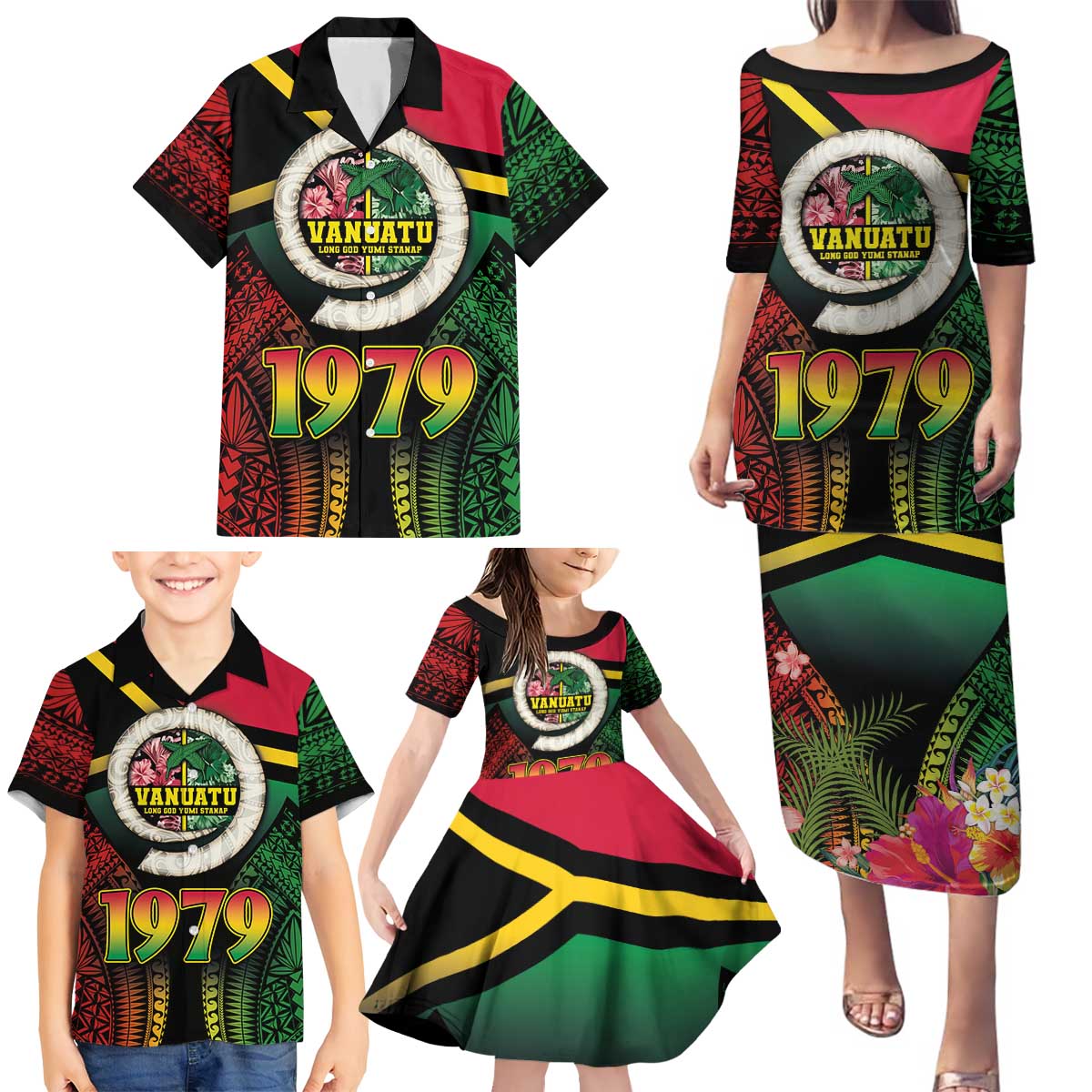Vanuatu Constitution Day Family Matching Puletasi and Hawaiian Shirt Polynesian Tattoo and Pig Tusk Since 1979 LT03 - Polynesian Pride
