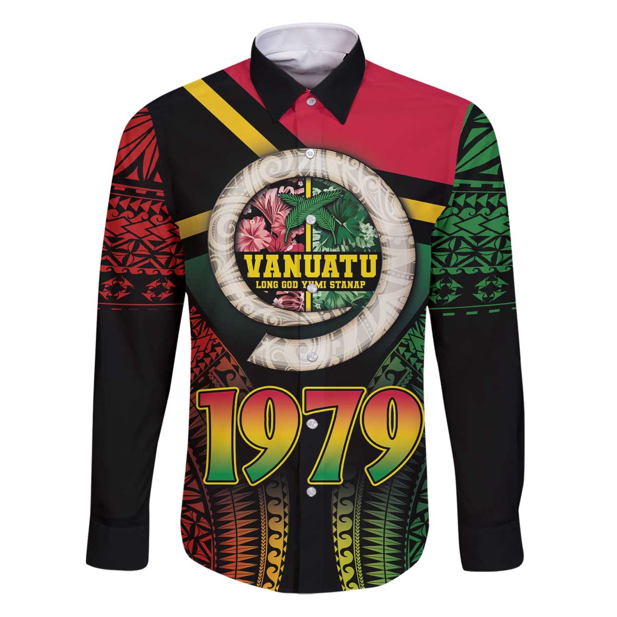 Vanuatu Constitution Day Family Matching Puletasi and Hawaiian Shirt Polynesian Tattoo and Pig Tusk Since 1979 LT03 Dad's Shirt - Long Sleeve Black - Polynesian Pride