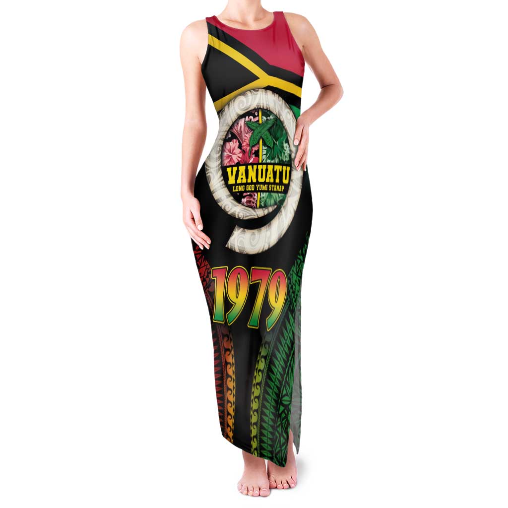 Vanuatu Constitution Day Family Matching Tank Maxi Dress and Hawaiian Shirt Polynesian Tattoo and Pig Tusk Since 1979 LT03 Mom's Dress Black - Polynesian Pride