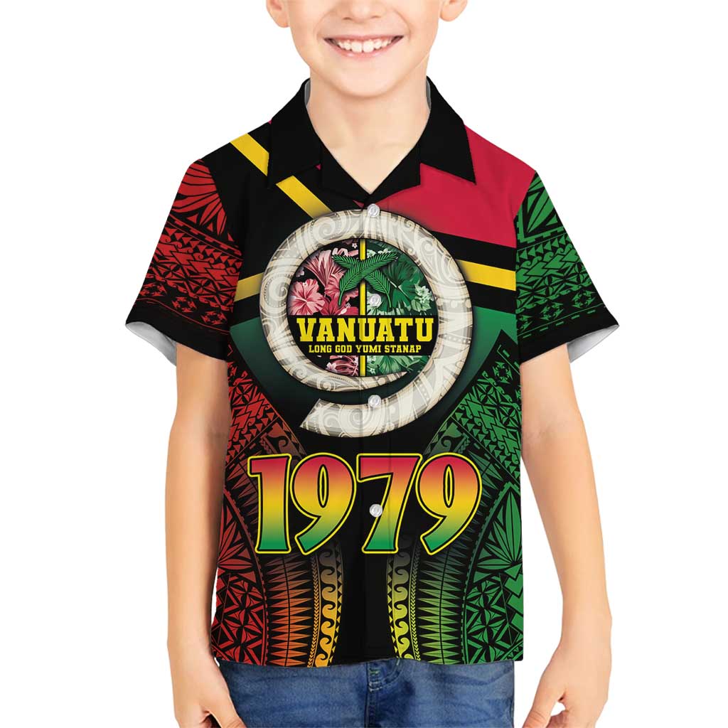 Vanuatu Constitution Day Family Matching Tank Maxi Dress and Hawaiian Shirt Polynesian Tattoo and Pig Tusk Since 1979 LT03 Son's Shirt Black - Polynesian Pride