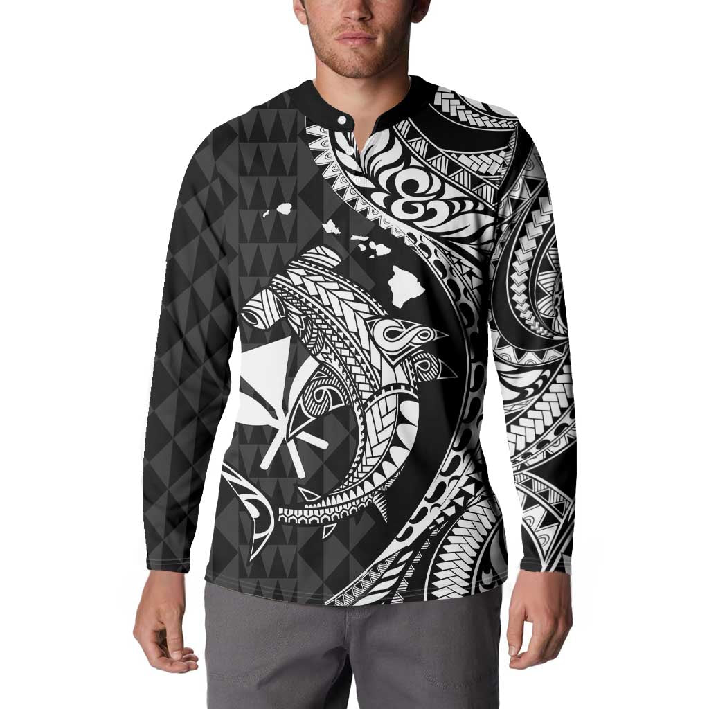 Aloha Hawaii Hammerhead Shark Button Sweatshirt Black Kakau and Polynesian Tattoo LT03