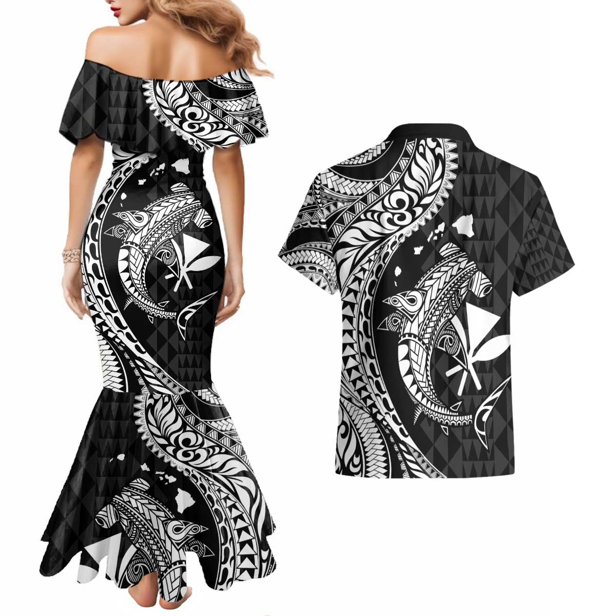 Aloha Hawaii Hammerhead Shark Couples Matching Mermaid Dress and Hawaiian Shirt Black Kakau and Polynesian Tattoo LT03 - Polynesian Pride
