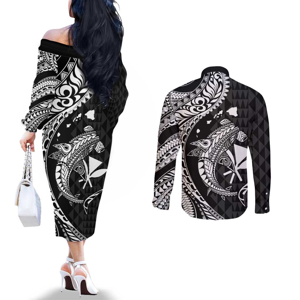 Aloha Hawaii Hammerhead Shark Couples Matching Off The Shoulder Long Sleeve Dress and Long Sleeve Button Shirt Black Kakau and Polynesian Tattoo LT03