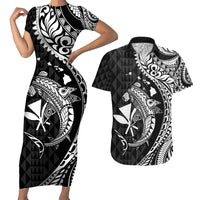 Aloha Hawaii Hammerhead Shark Couples Matching Short Sleeve Bodycon Dress and Hawaiian Shirt Black Kakau and Polynesian Tattoo LT03 Black - Polynesian Pride