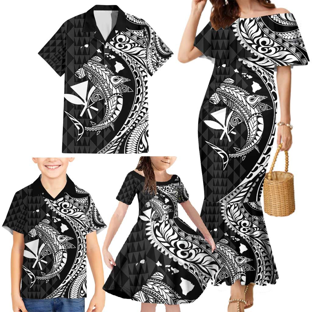 Aloha Hawaii Hammerhead Shark Family Matching Mermaid Dress and Hawaiian Shirt Black Kakau and Polynesian Tattoo LT03 - Polynesian Pride