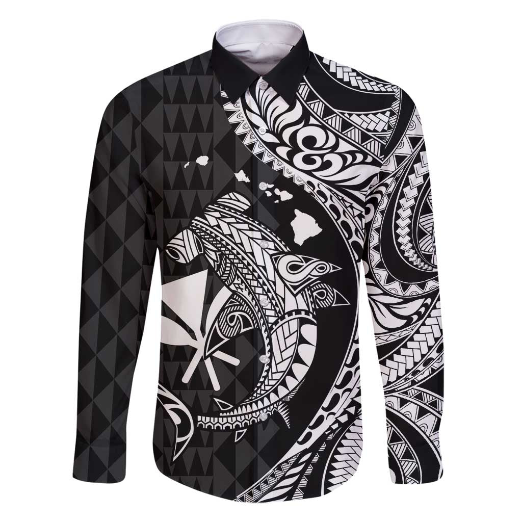 Aloha Hawaii Hammerhead Shark Family Matching Mermaid Dress and Hawaiian Shirt Black Kakau and Polynesian Tattoo LT03 Dad's Shirt - Long Sleeve Black - Polynesian Pride