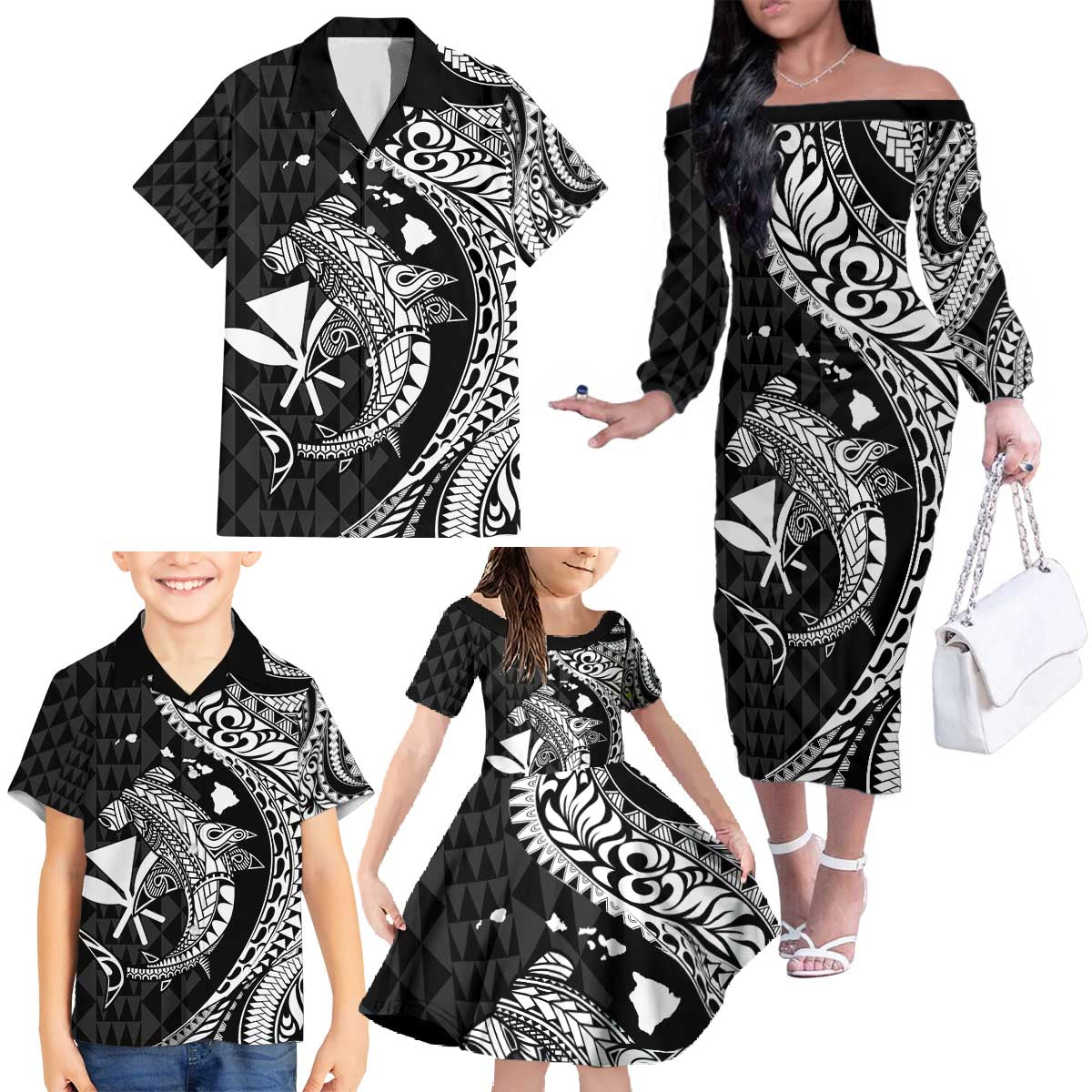 Aloha Hawaii Hammerhead Shark Family Matching Off The Shoulder Long Sleeve Dress and Hawaiian Shirt Black Kakau and Polynesian Tattoo LT03 - Polynesian Pride