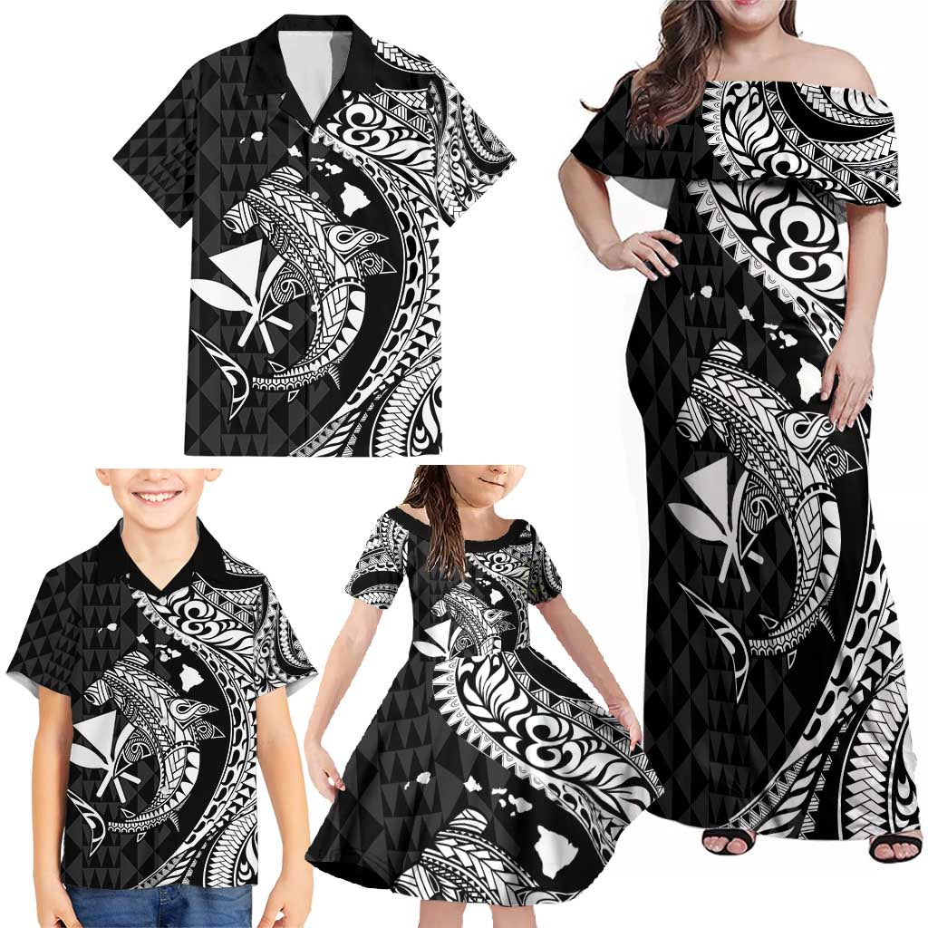 Aloha Hawaii Hammerhead Shark Family Matching Off Shoulder Maxi Dress and Hawaiian Shirt Black Kakau and Polynesian Tattoo LT03 - Polynesian Pride