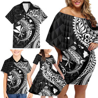 Aloha Hawaii Hammerhead Shark Family Matching Off Shoulder Short Dress and Hawaiian Shirt Black Kakau and Polynesian Tattoo LT03 - Polynesian Pride