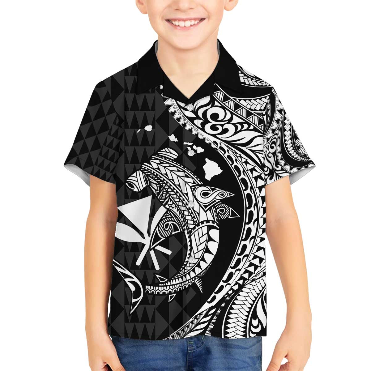 Aloha Hawaii Hammerhead Shark Family Matching Off Shoulder Short Dress and Hawaiian Shirt Black Kakau and Polynesian Tattoo LT03 Son's Shirt Black - Polynesian Pride