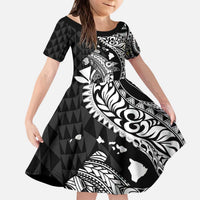 Aloha Hawaii Hammerhead Shark Family Matching Puletasi and Hawaiian Shirt Black Kakau and Polynesian Tattoo LT03 Daughter's Dress Black - Polynesian Pride