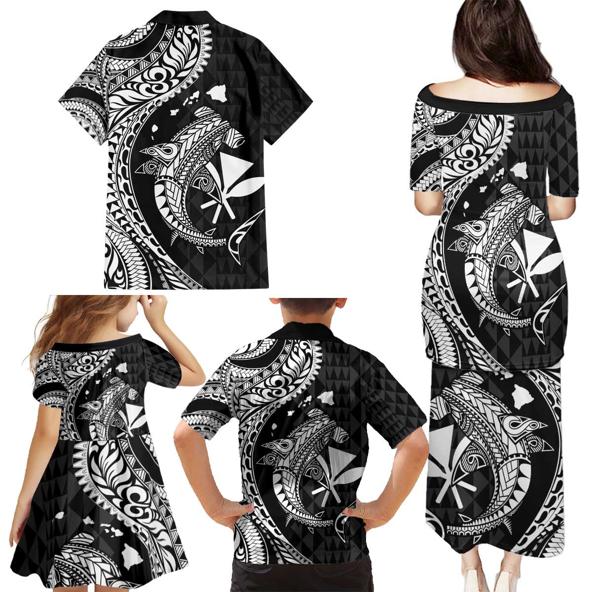 Aloha Hawaii Hammerhead Shark Family Matching Puletasi and Hawaiian Shirt Black Kakau and Polynesian Tattoo LT03 - Polynesian Pride
