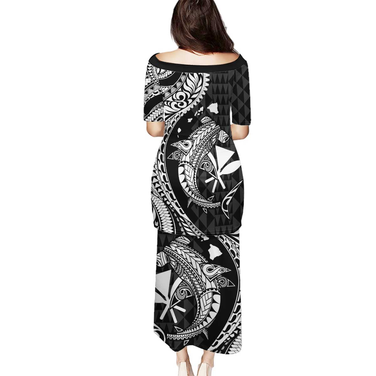 Aloha Hawaii Hammerhead Shark Family Matching Puletasi and Hawaiian Shirt Black Kakau and Polynesian Tattoo LT03 - Polynesian Pride