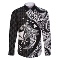Aloha Hawaii Hammerhead Shark Family Matching Short Sleeve Bodycon Dress and Hawaiian Shirt Black Kakau and Polynesian Tattoo LT03 Dad's Shirt - Long Sleeve Black - Polynesian Pride