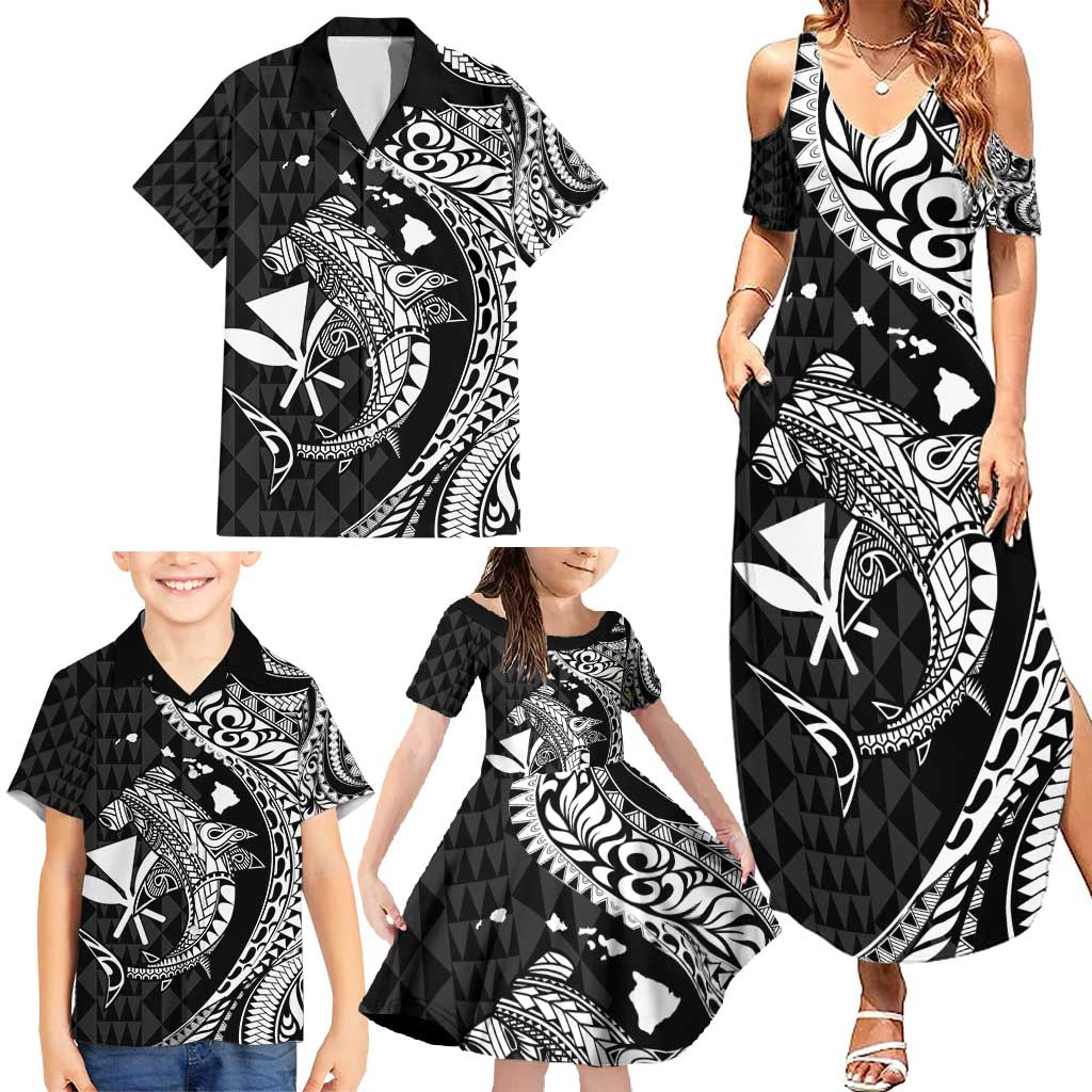 Aloha Hawaii Hammerhead Shark Family Matching Summer Maxi Dress and Hawaiian Shirt Black Kakau and Polynesian Tattoo LT03 - Polynesian Pride