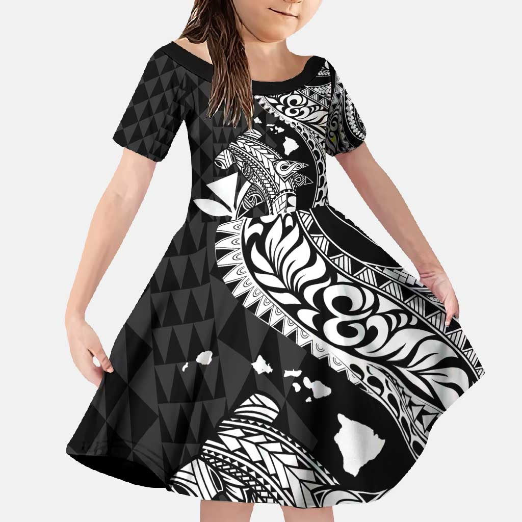 Aloha Hawaii Hammerhead Shark Family Matching Tank Maxi Dress and Hawaiian Shirt Black Kakau and Polynesian Tattoo LT03 Daughter's Dress Black - Polynesian Pride