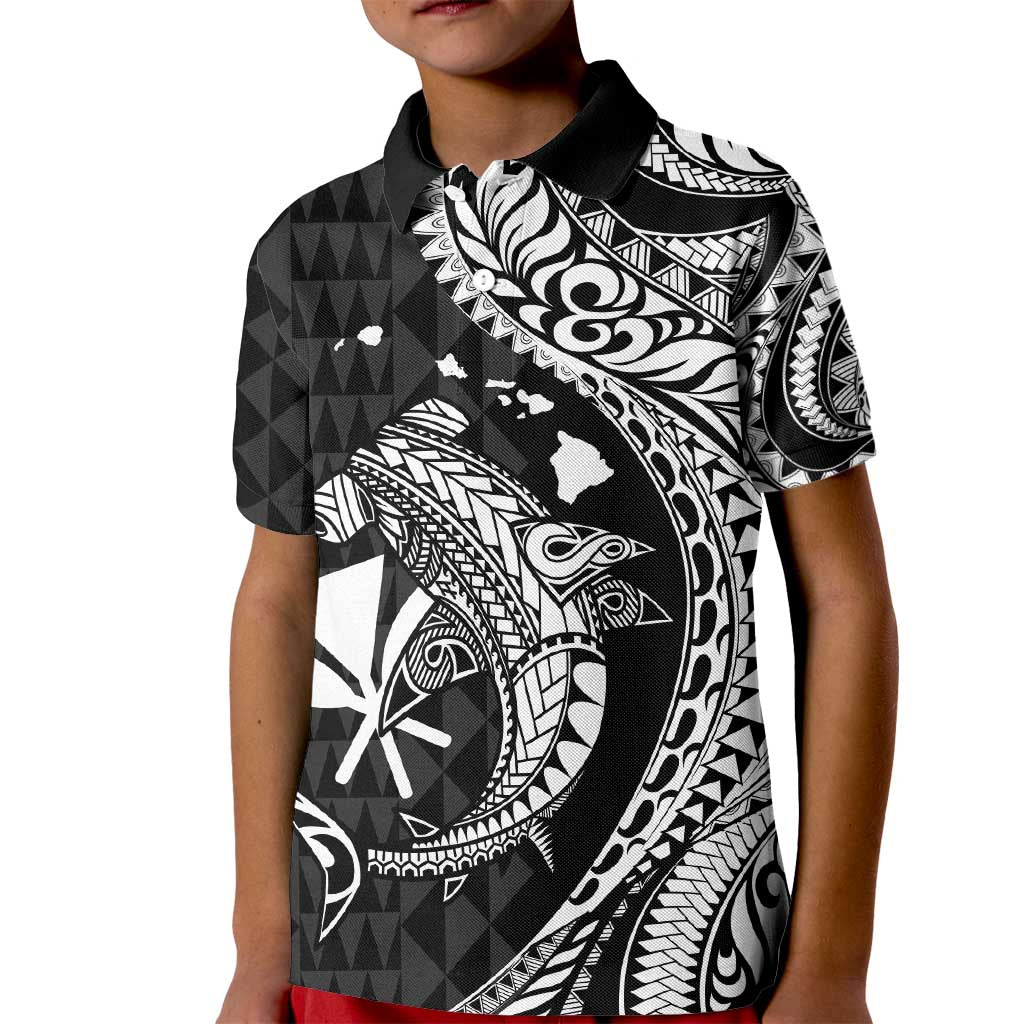 Aloha Hawaii Hammerhead Shark Kid Polo Shirt Black Kakau and Polynesian Tattoo LT03