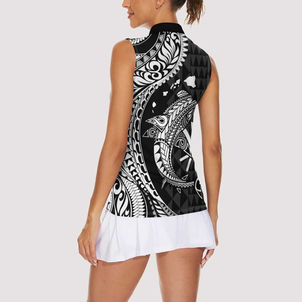Aloha Hawaii Hammerhead Shark Women Sleeveless Polo Shirt Black Kakau and Polynesian Tattoo LT03