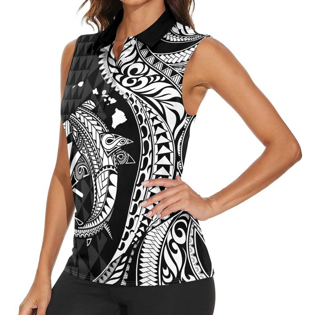 Aloha Hawaii Hammerhead Shark Women Sleeveless Polo Shirt Black Kakau and Polynesian Tattoo LT03